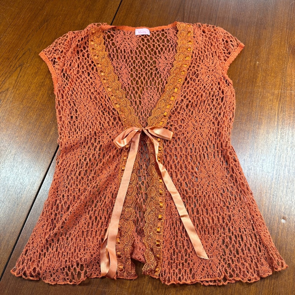 Orange Open Knit Crochet‎ Duster Open Vest Boho Hippie Artsy Y2K  Tie Sz S-M